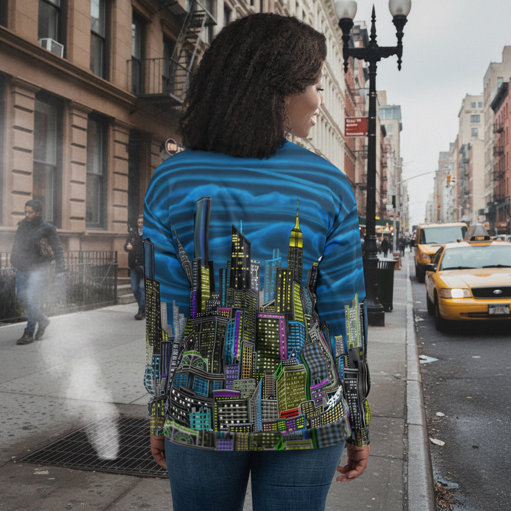Person wearing a shirt with a cityscape designed by Loria NYC Art on a urban background