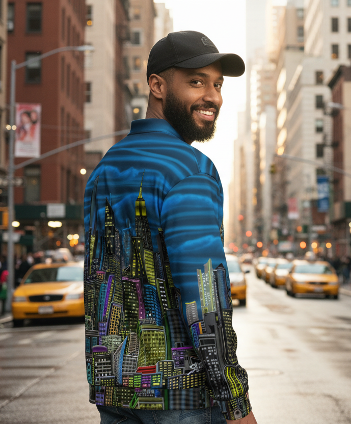 Man wearing a colorful jacket with cityscape Loria NYC Art design on a city street
