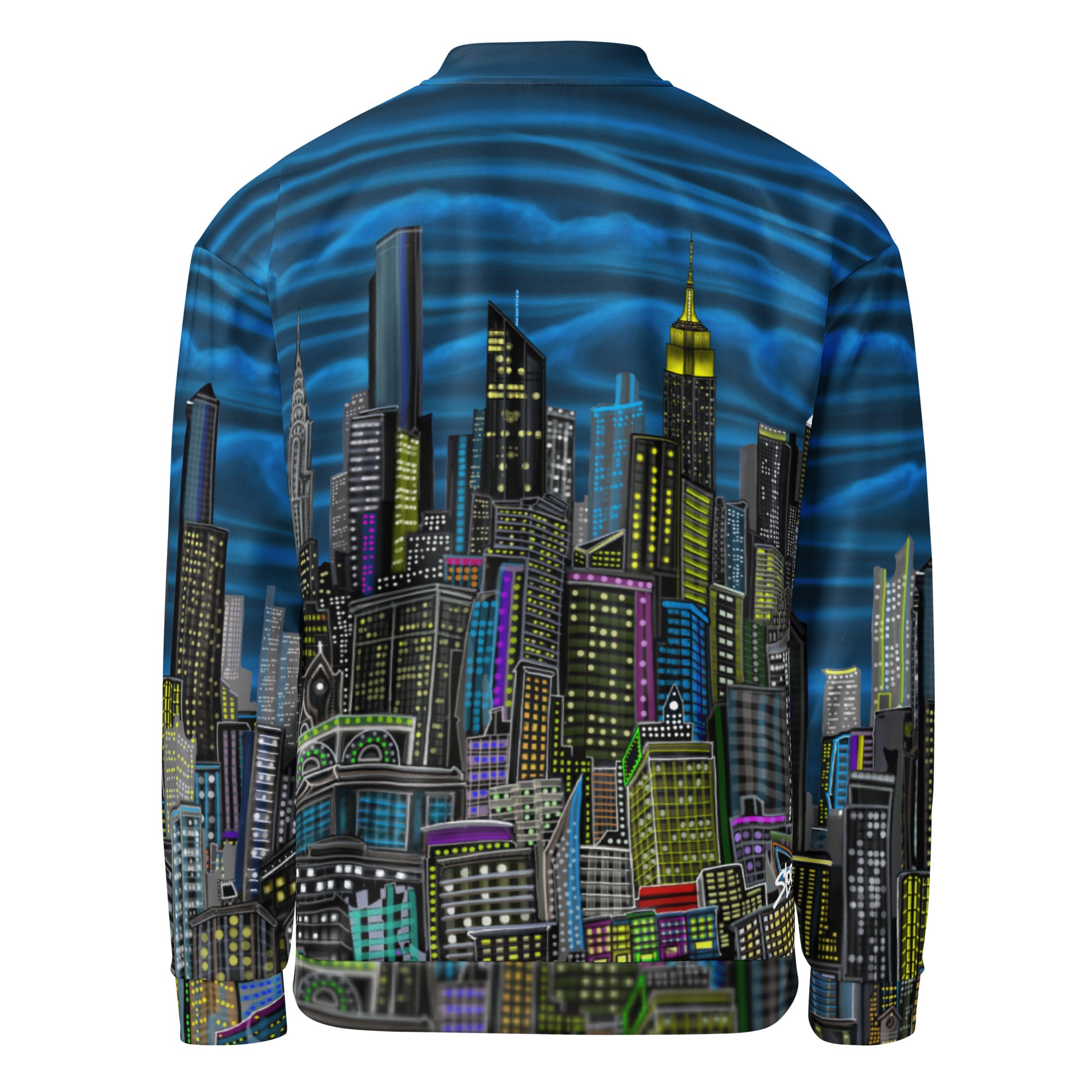 Long-sleeve shirt with a cityscape designed by Loria NYC Art on the back against a white background