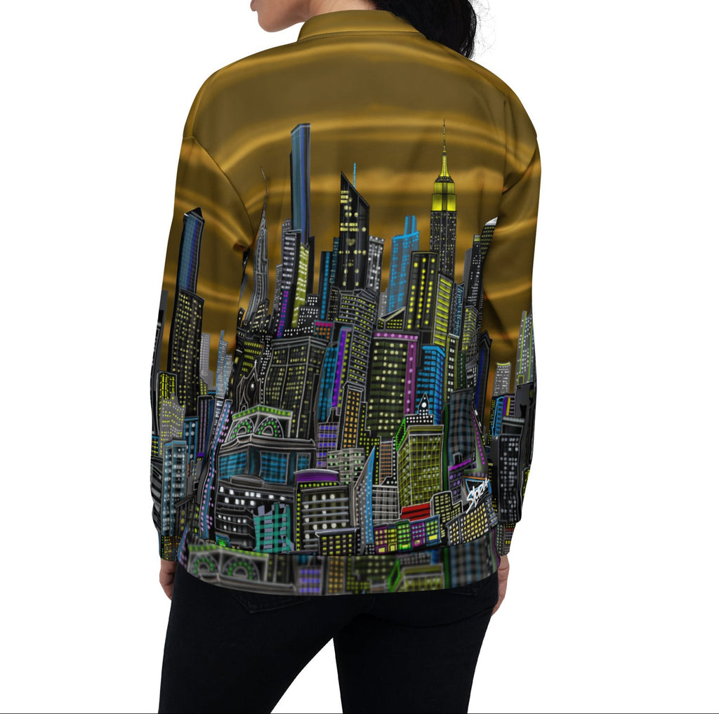 Back of Women wearing a jacket with a cityscape designed by Loria NYC Art on a white background