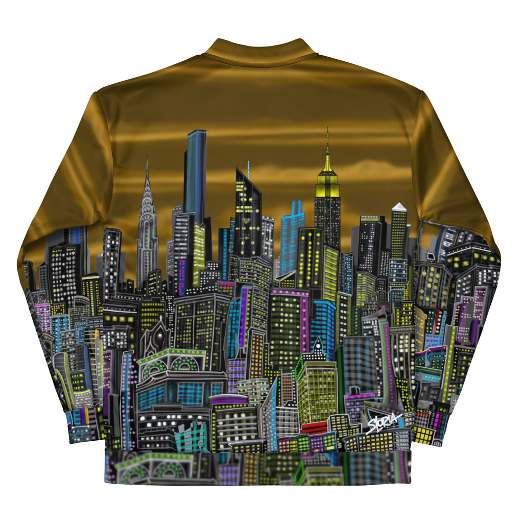 Back of Front folded arms of brown Jacket with a cityscape designed by Loria NYC Art on a white background