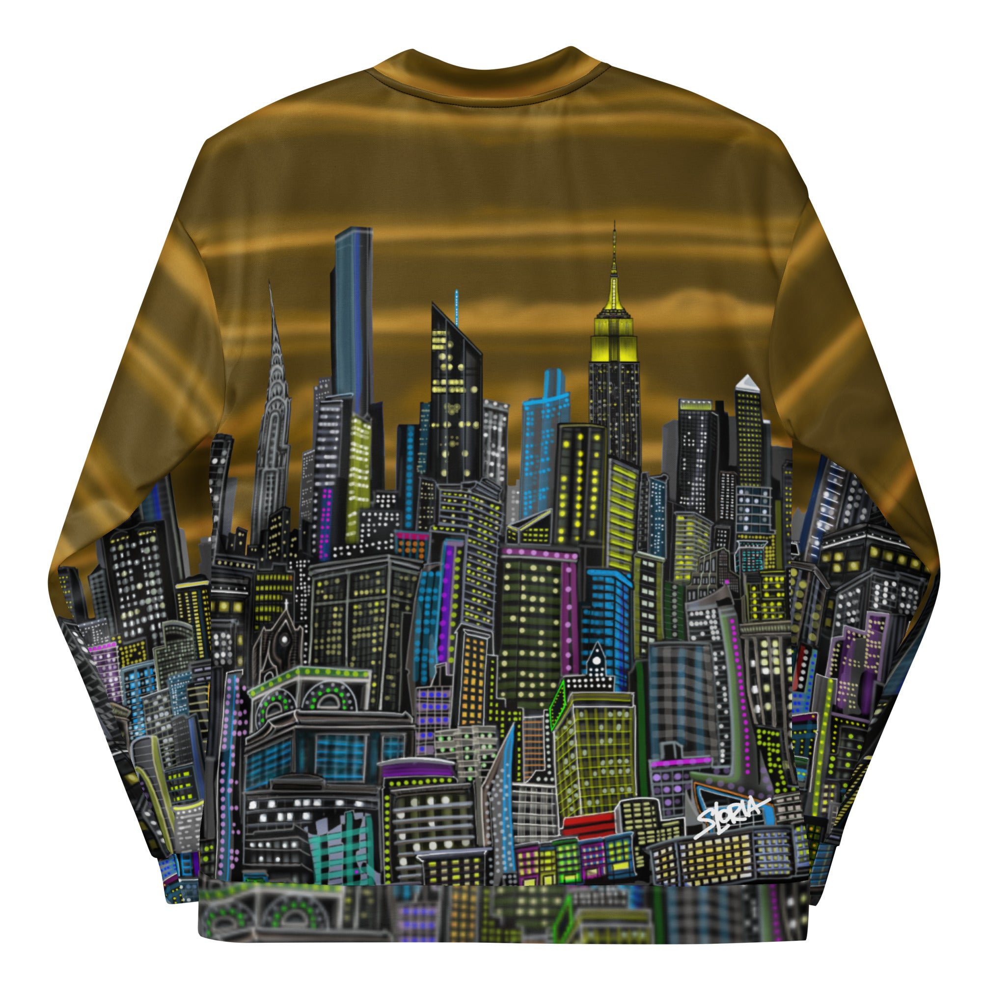Back view of folded sleeves on a  brown Jacket with a cityscape designed by Loria NYC Art on a white background