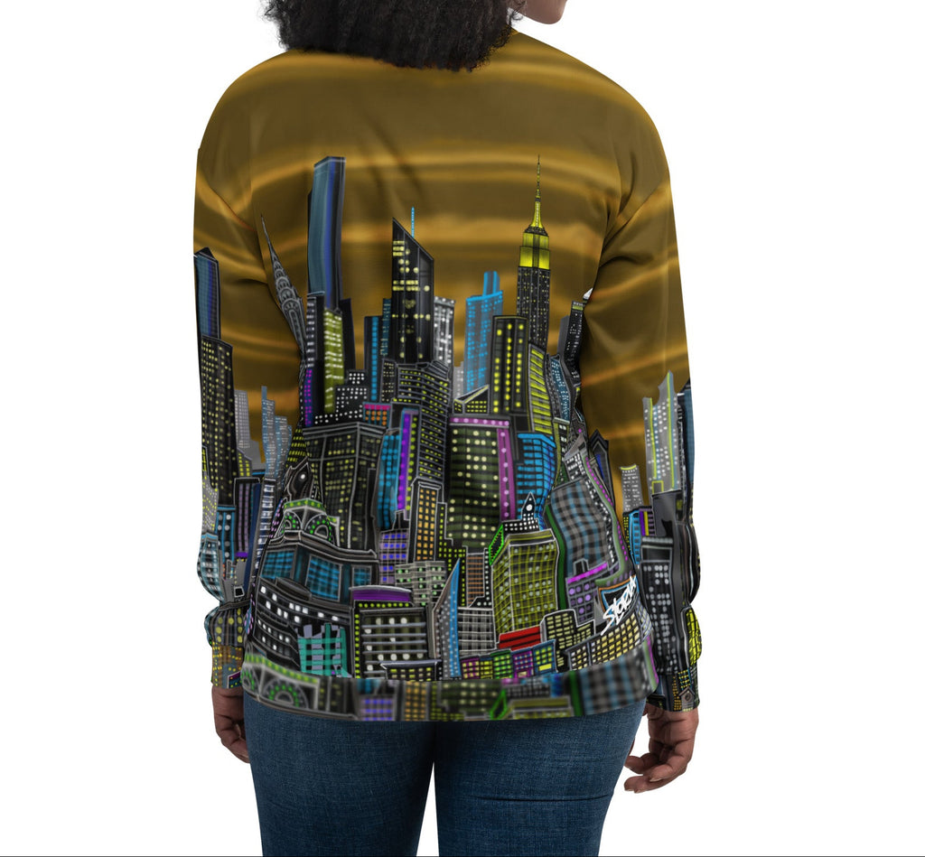 Back of Woman wearing a gold jacket with a cityscape design by Loria NYC Art on the back, on a white background