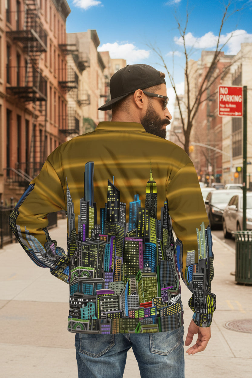 Back of Man wearing a jacket with a cityscape designed by Loria NYC Art on a urban background
