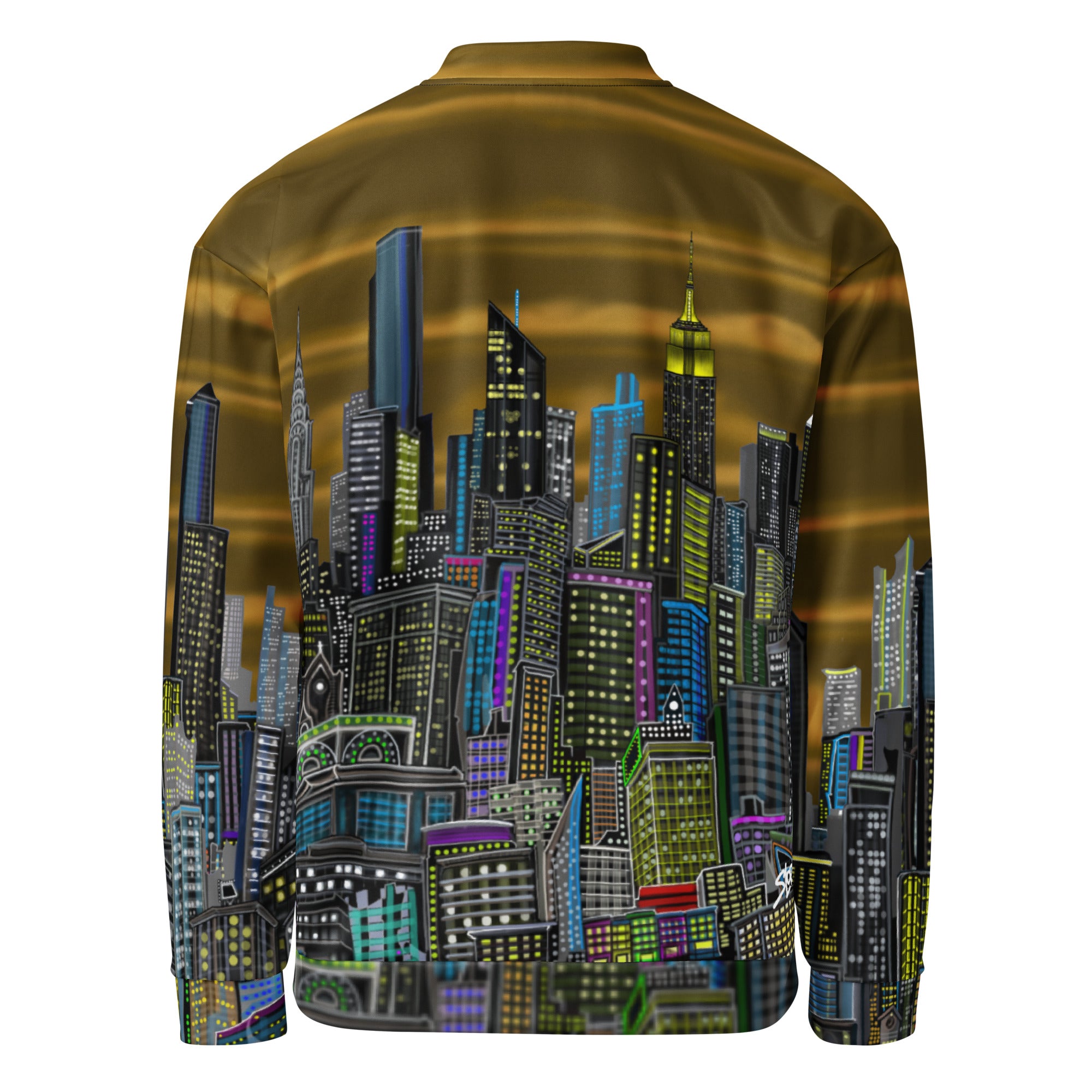 Back of Jacket with a cityscape designed by Loria NYC Art on a white background
