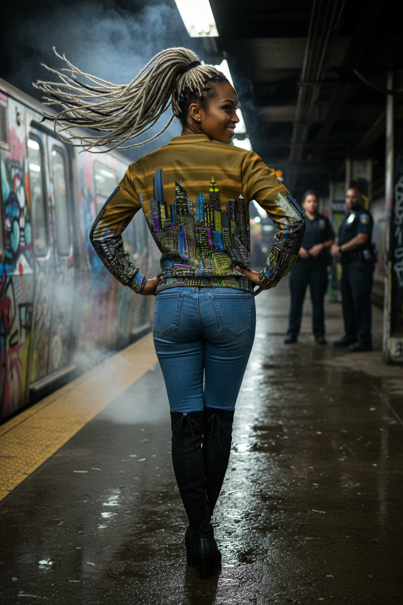 Person wearing a colorful Loria NYC Art jacket with a cityscape design in a subway station.