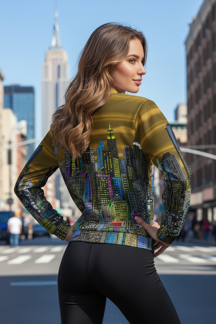 Women wearing a colorful Loria NYC Art jacket standing outside on a street.
