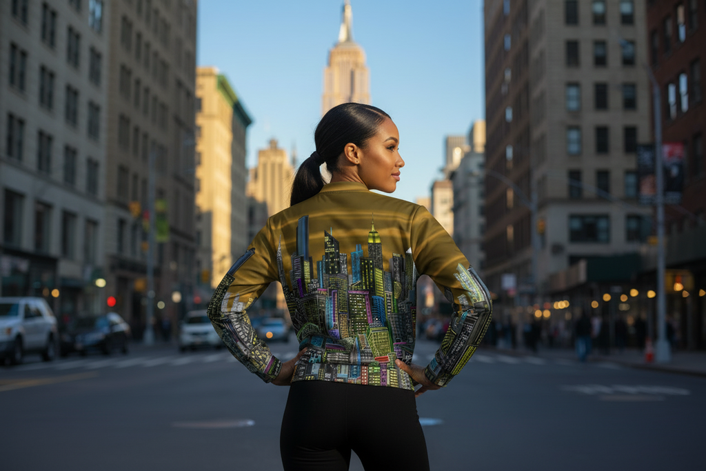 Person wearing a colorful Loria NYC Art jacket with cityscape design on a city street