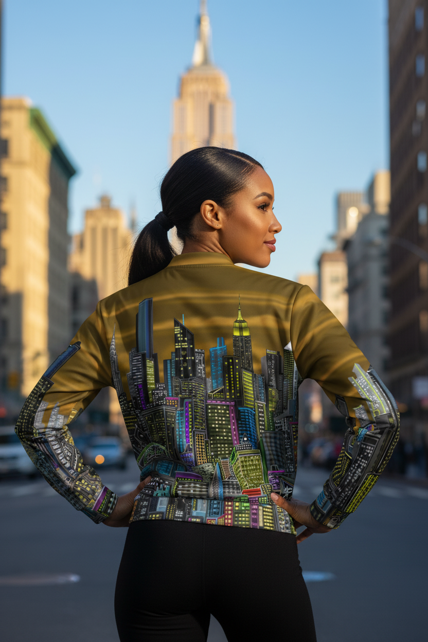 Person posing in s Loria NYC Art jacket standing on a city street outside.