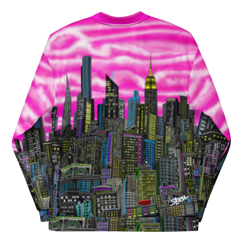 Sweatshirt with a cityscape design on a pink and purple gradient background