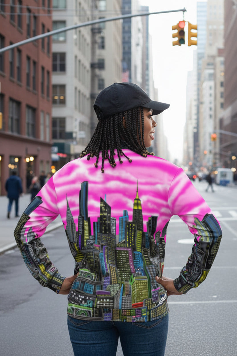 Back of lady wearing a colorful cityscape jacket with pink sky and tall buildings designed by Loria NYC Art