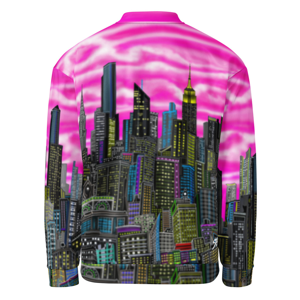 Pink sky with cityscape design on a jacket design by Loria NYC Art