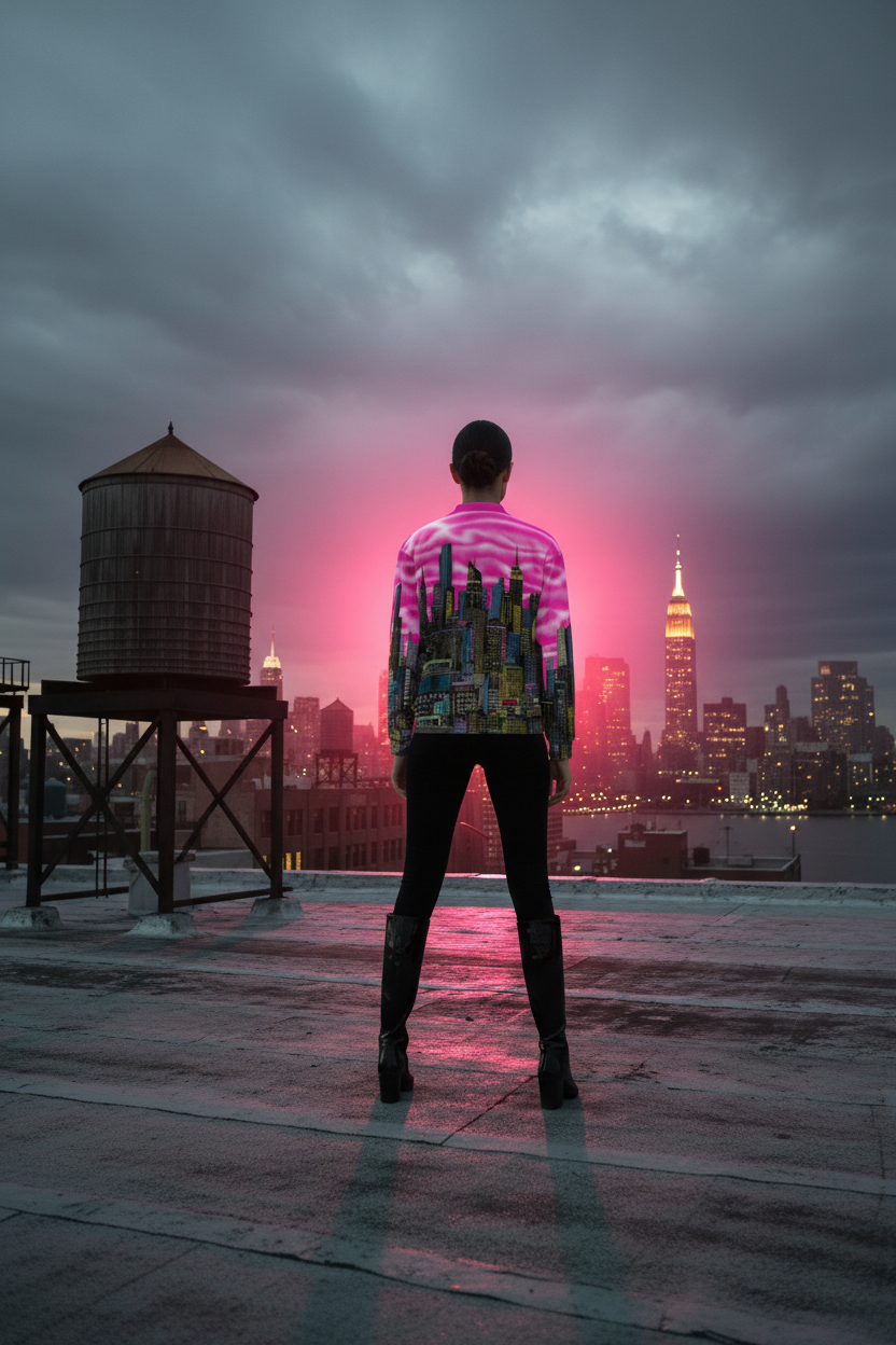 Person standing on a rooftop wearing a Loria NYC Art jacket with a  cityscape and water tower in the background under a pink and purple sky.
