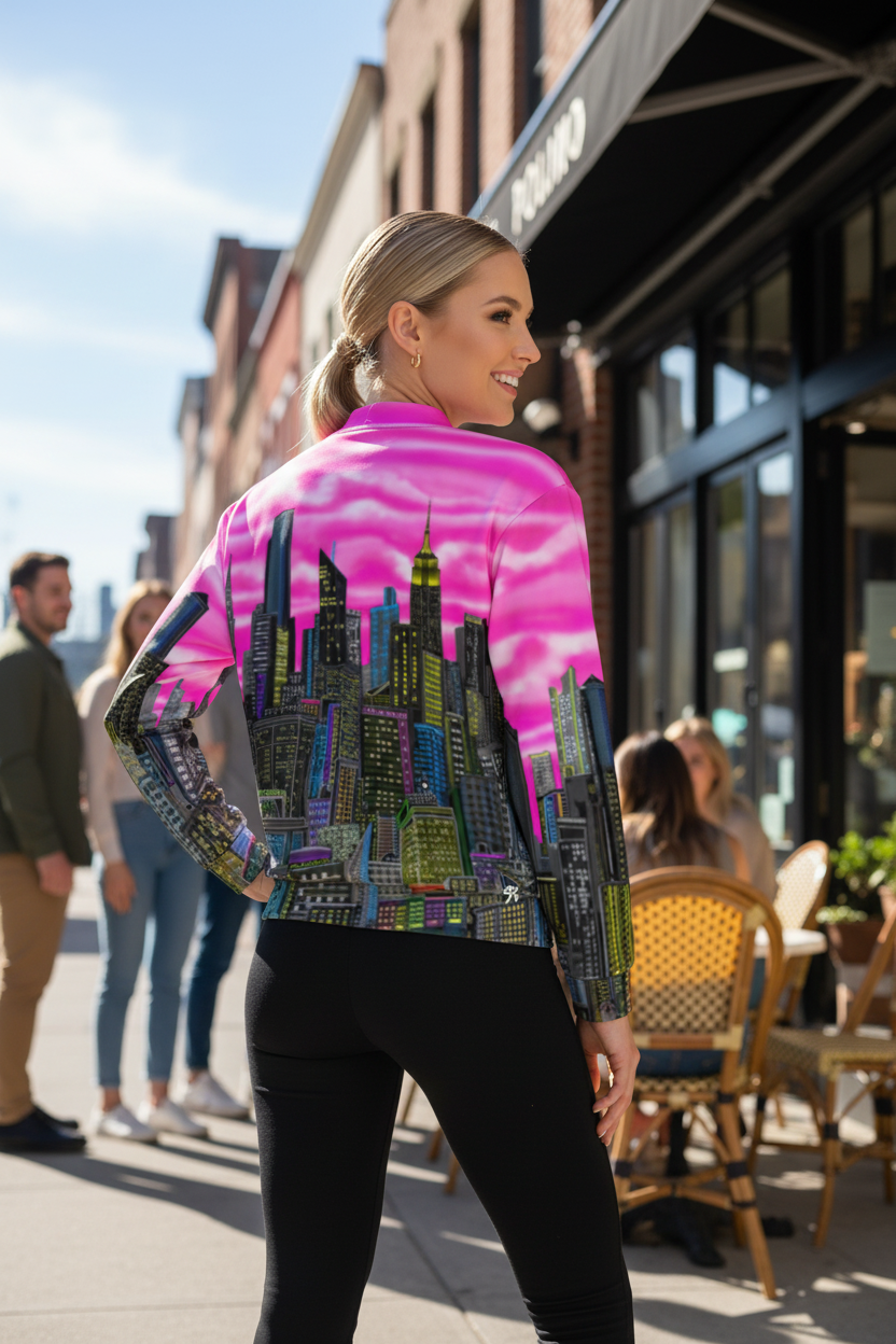 Women wearing a colorful Loria NYC Art jacket at an outside cafe.