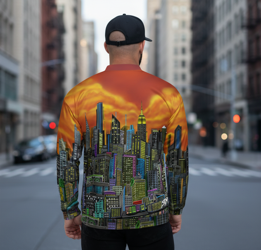 Man wearing a shirt with a cityscape Loria NYC Art design on the back, set against a urban background