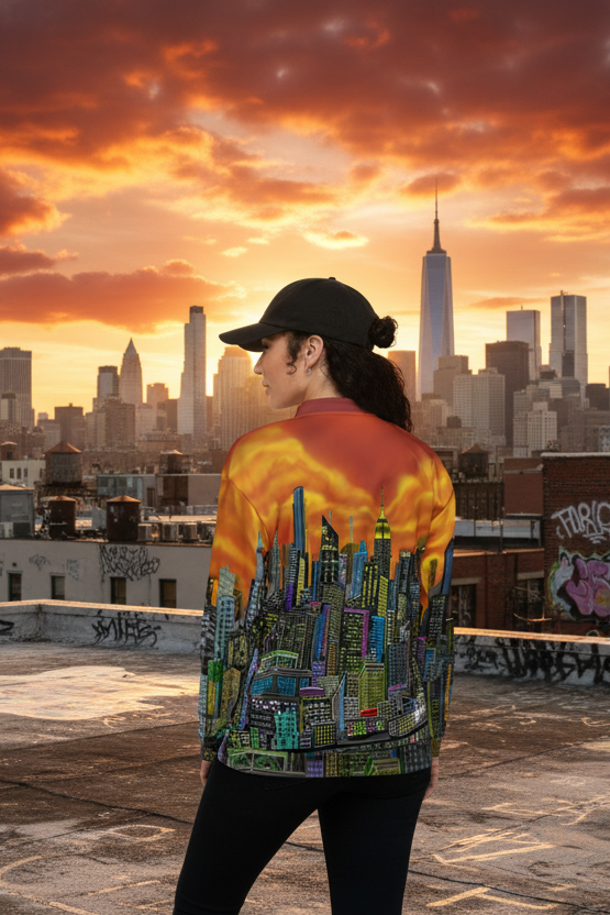 Person wearing vibrant orange Loria NYC Art jacket  on a roof top.