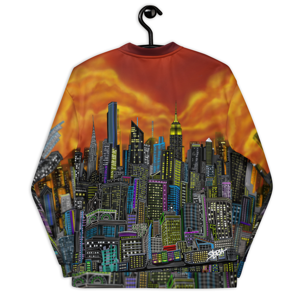 Loria NYC Art with a cityscape design on a hanger against a white background