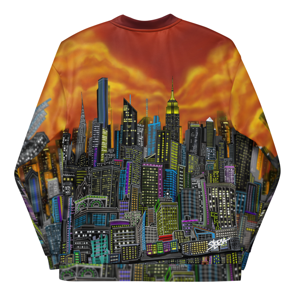 Bomber jacket with a cityscape Loria NYC Art design and fiery sky on a white background