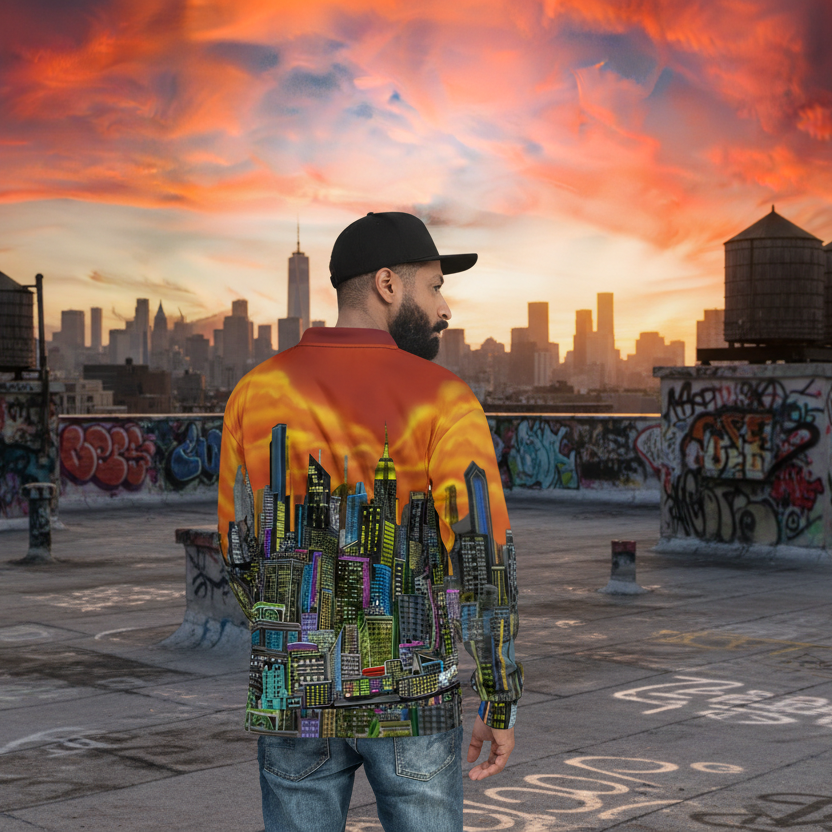 Man wearing a jacket with a cityscape Loria NYC Art design on a white background