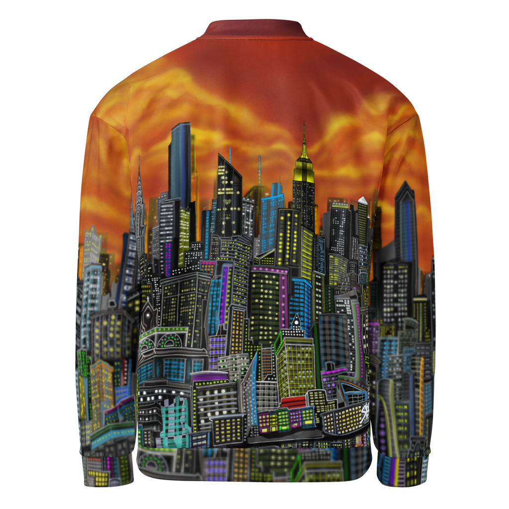 Orange Jacket with a cityscape Loria NYC Art design on the back against a sunset sky