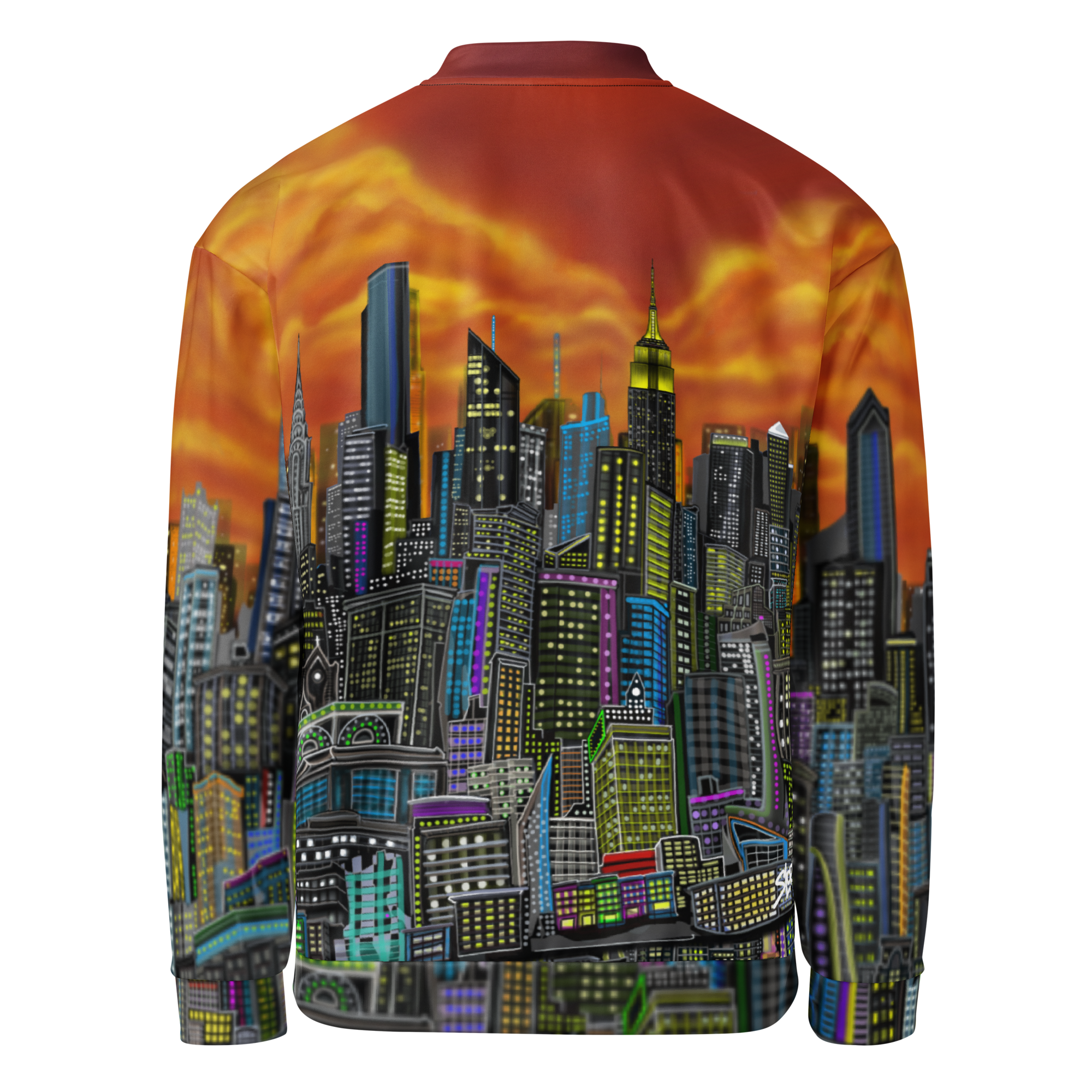 Orange Jacket with a cityscape Loria NYC Art design on the back against a sunset sky