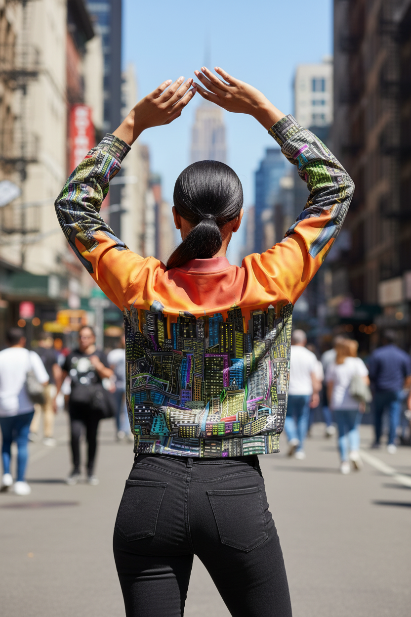 Person wearing a Loria NYC Art colorful jacket with a cityscape background