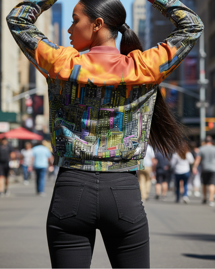Person wearing a colorful Loria NYC Art jacket in an urban setting with tall buildings and people walking around.