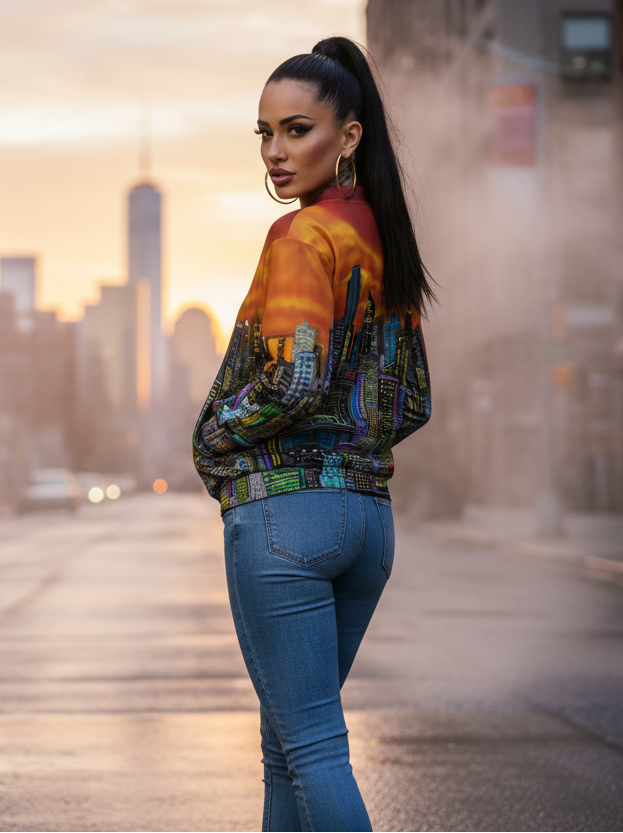 Woman wearing a colorful jacket with cityscape Loria NYC Art design and blue jeans, standing in an urban setting.