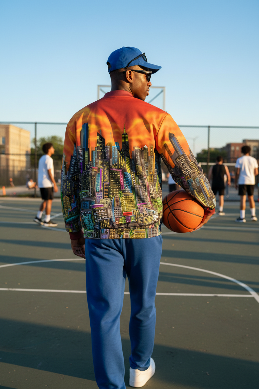 Man wearing an orange Loria NYC Art jacket on a basketball court.