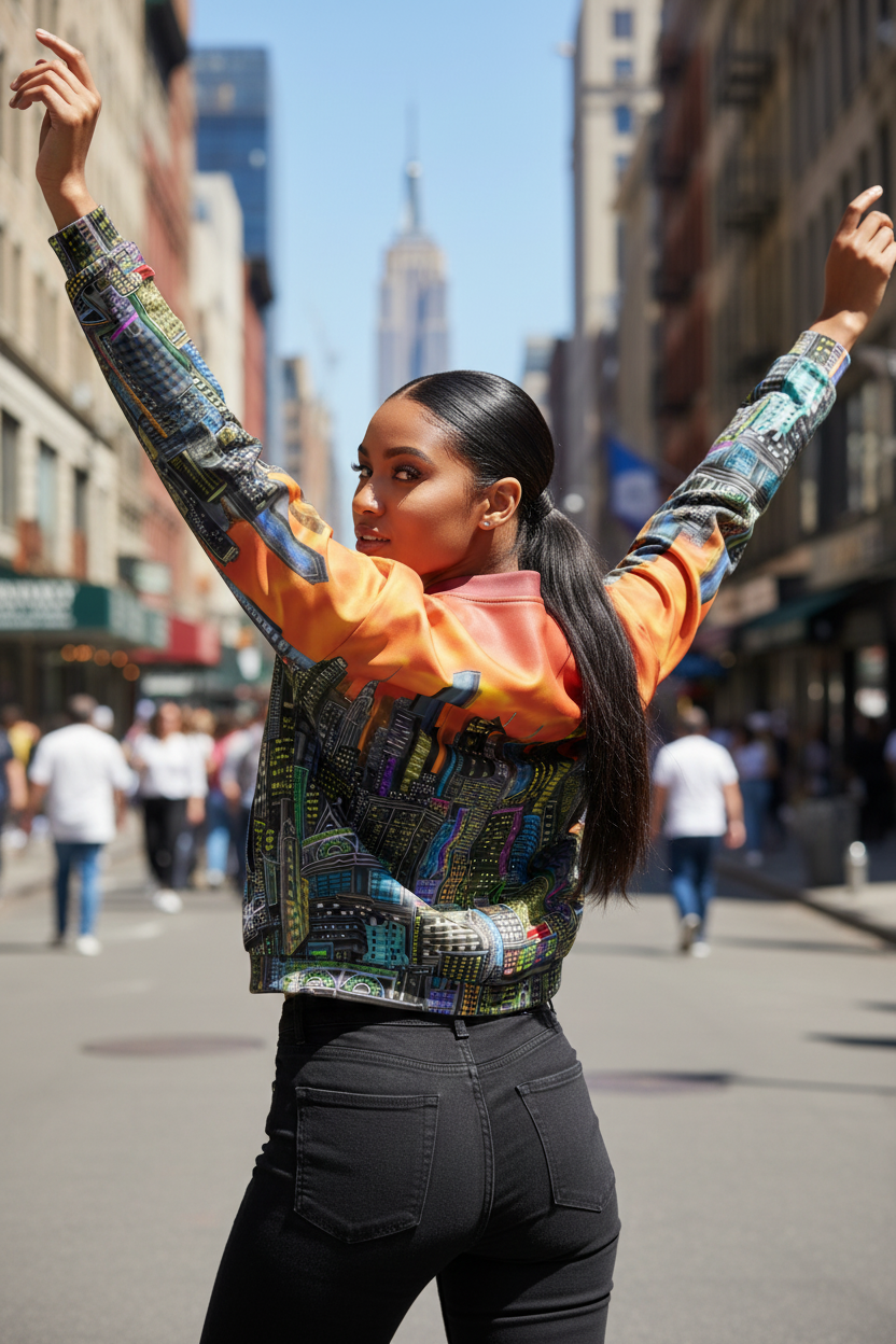 Woman in colorful Loria NYC Art jacket with cityscape background