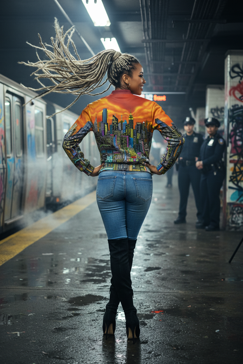 Women standing in subway wear an orange Loria NYC Art jacket