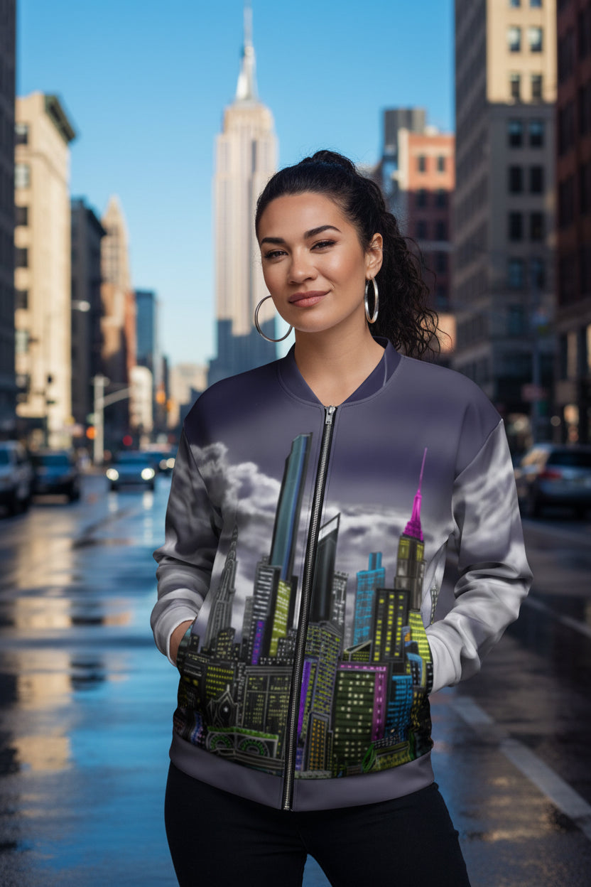 Women wearing a Bomber Jacket with the Bowery Notturno city skyline design by S.Loria NYC Art on a white background 