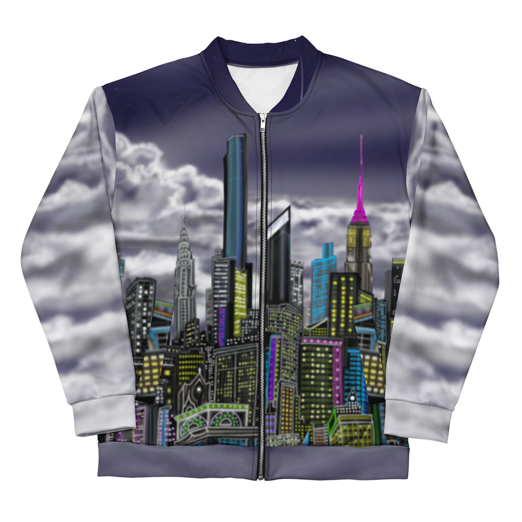 Front view of a Bomber Jacket with a Bowery Notturno city skyline design by S.Loria NYC Art on a white background 