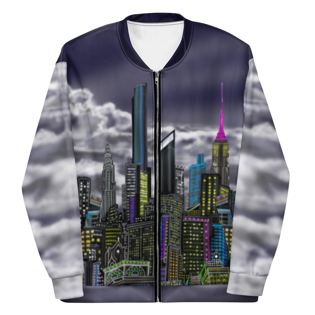 Front view of a Bomber Jacket with a Bowery Notturno city skyline design by S.Loria NYC Art on a white background 