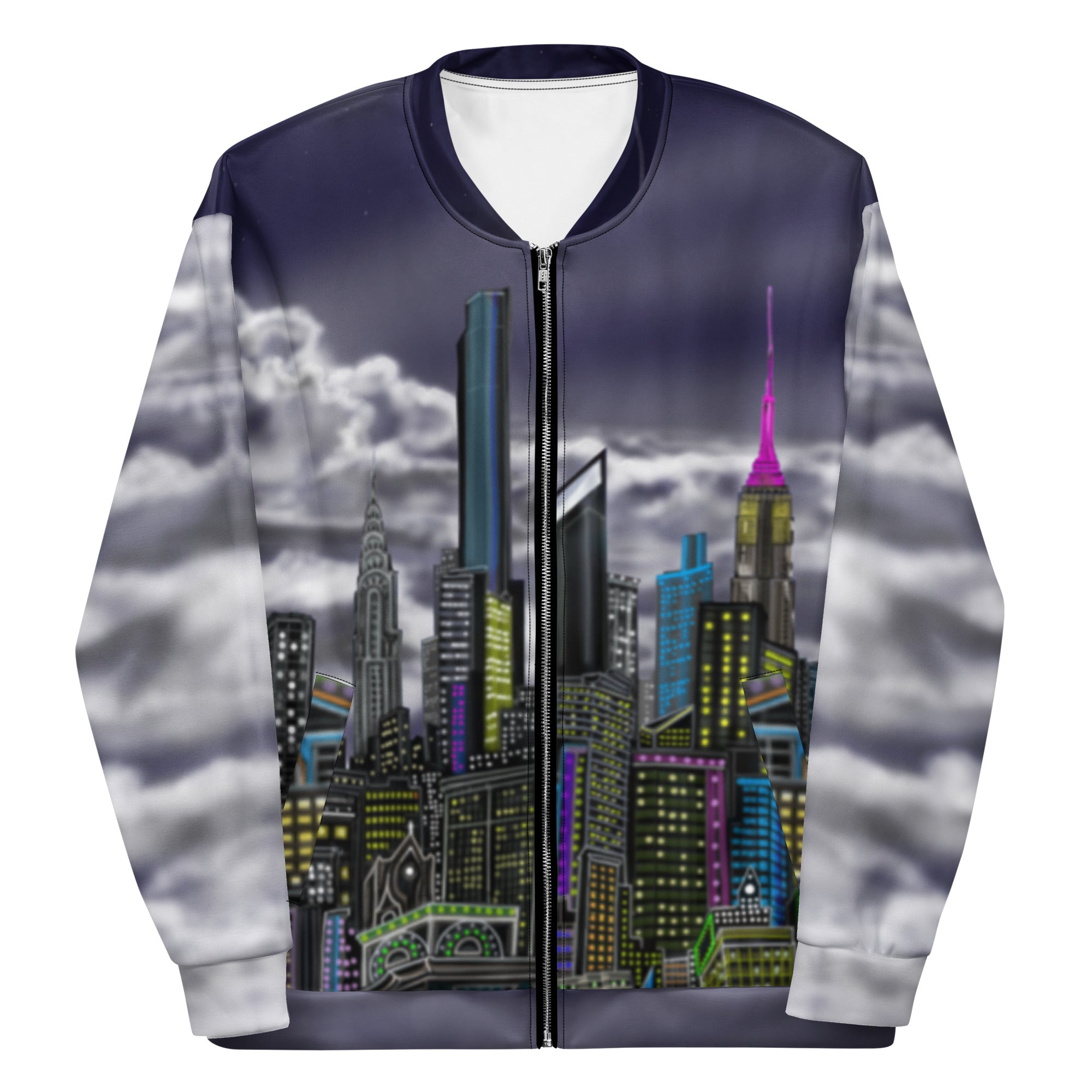 Front view of a Bomber Jacket with a Bowery Notturno city skyline design by S.Loria NYC Art on a white background 
