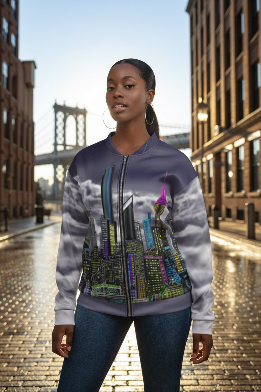 Women modeling a Bomber Jacket with artistic rendition of a cloudy night NYC skyline design by S.Loria NYC 