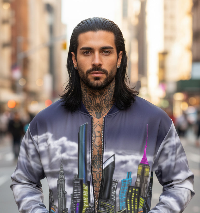 Man wearing a Bomber Jacket with the  Loria NYC Art skyline design 