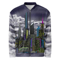 Front view of a Bomber Jacket with a Loria NYC Art city skyline design on a white background 