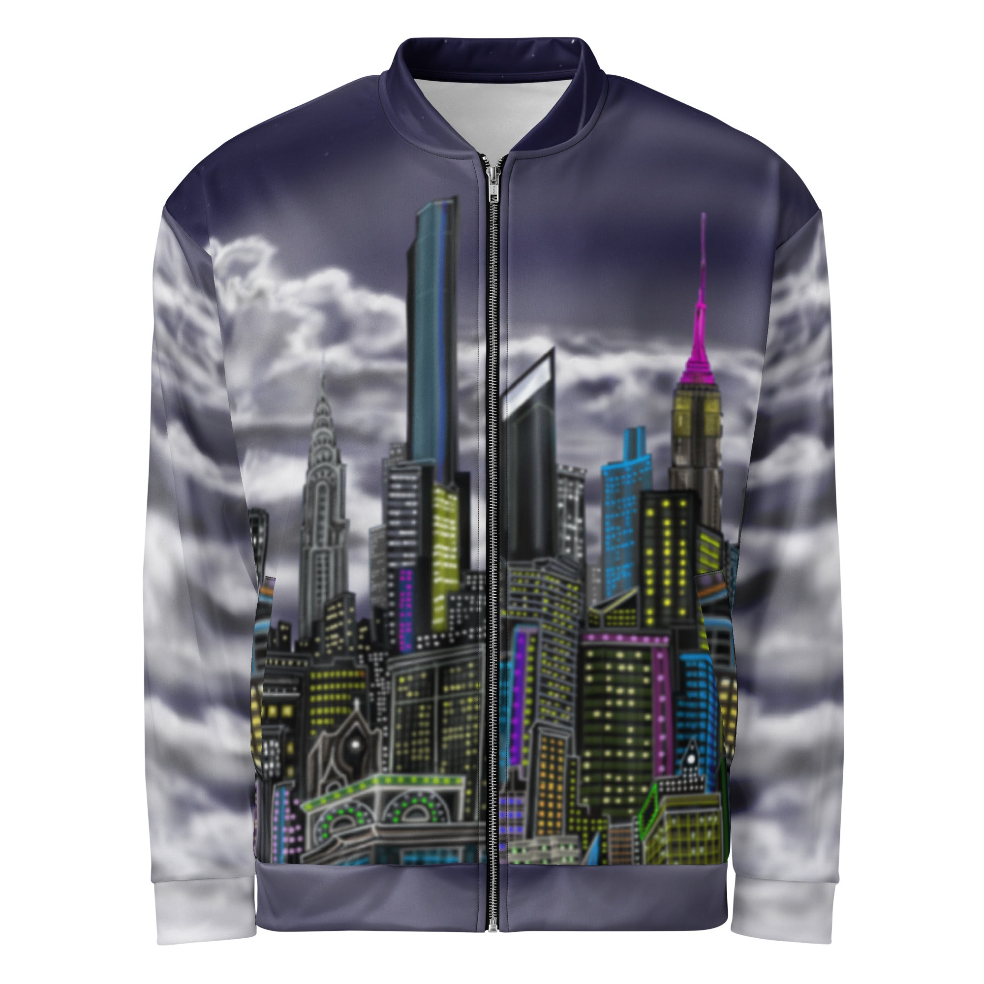 Front view of a Bomber Jacket with a Loria NYC Art city skyline design on a white background 