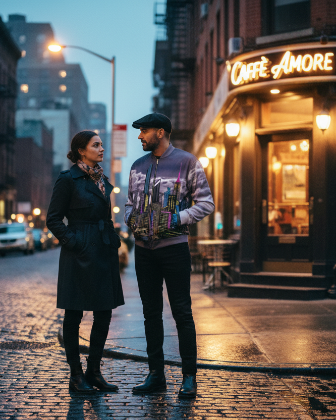 Two people standing on a city street at night in front of a cafe named 'Caffe Amore'.