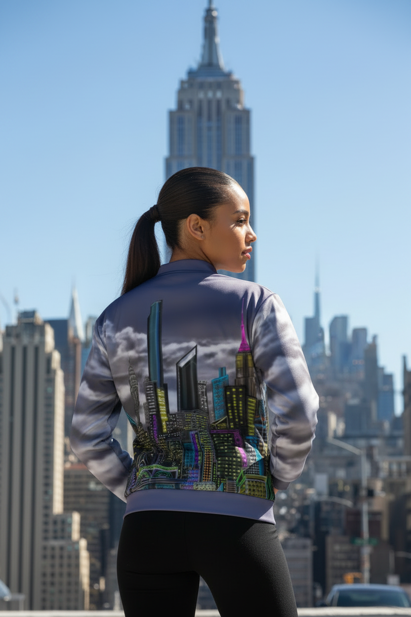 Person wearing a jacket with a cityscape Loria NYC Art design in front of the Empire State Building.