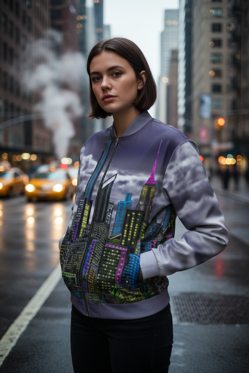 Woman wearing a Loria NYC Art jacket with a cityscape design on a city street.