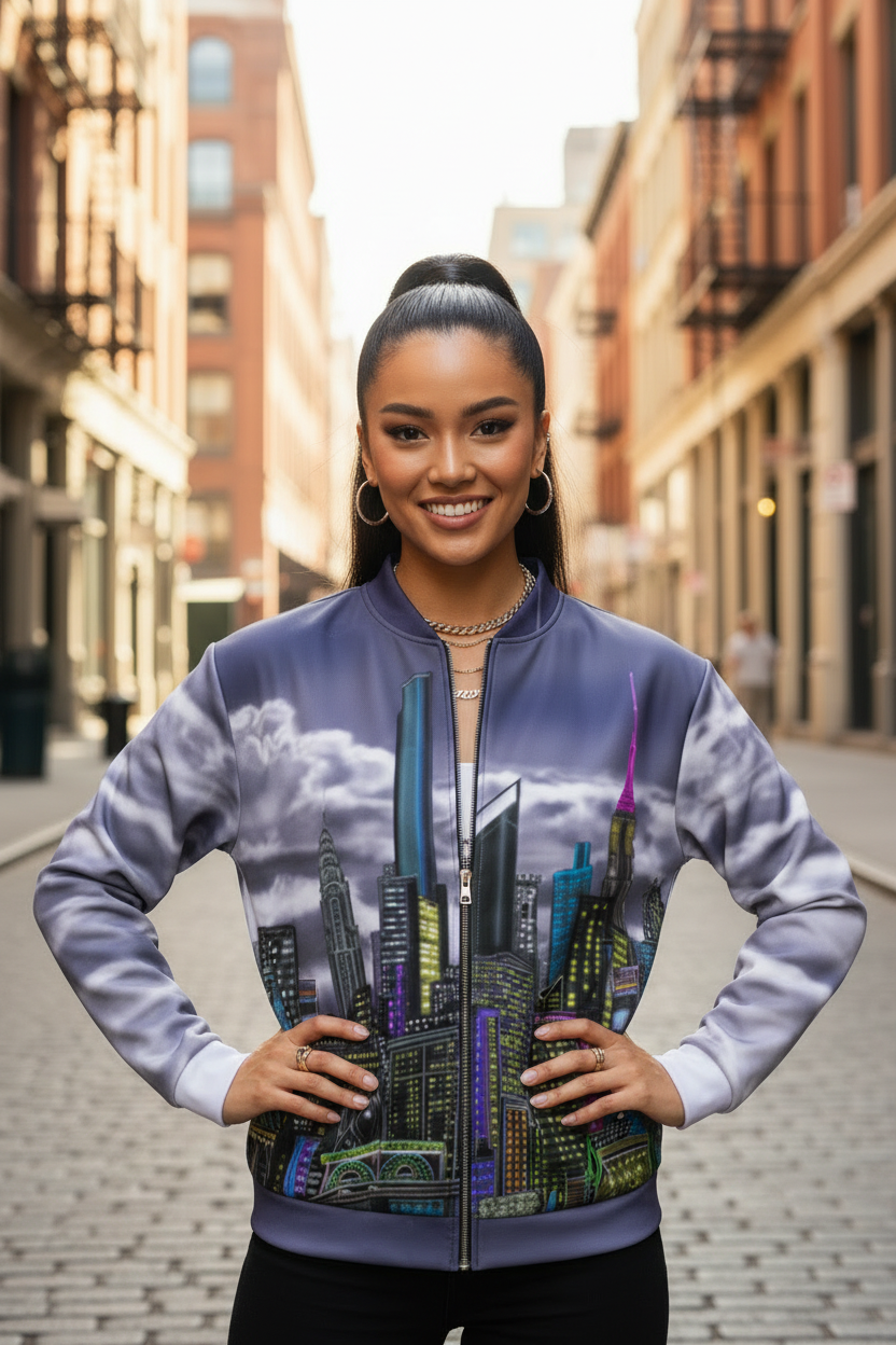 Woman wearing a jacket with a cityscape Loria NYC ART design on a city street