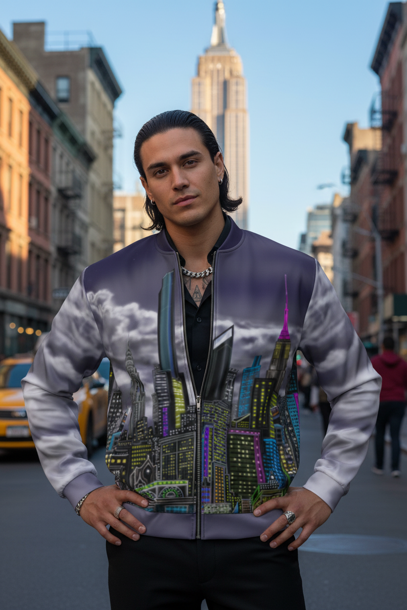 Person wearing a colorful jacket with cityscape Loria NYC Art design on a street with buildings and a clear sky.