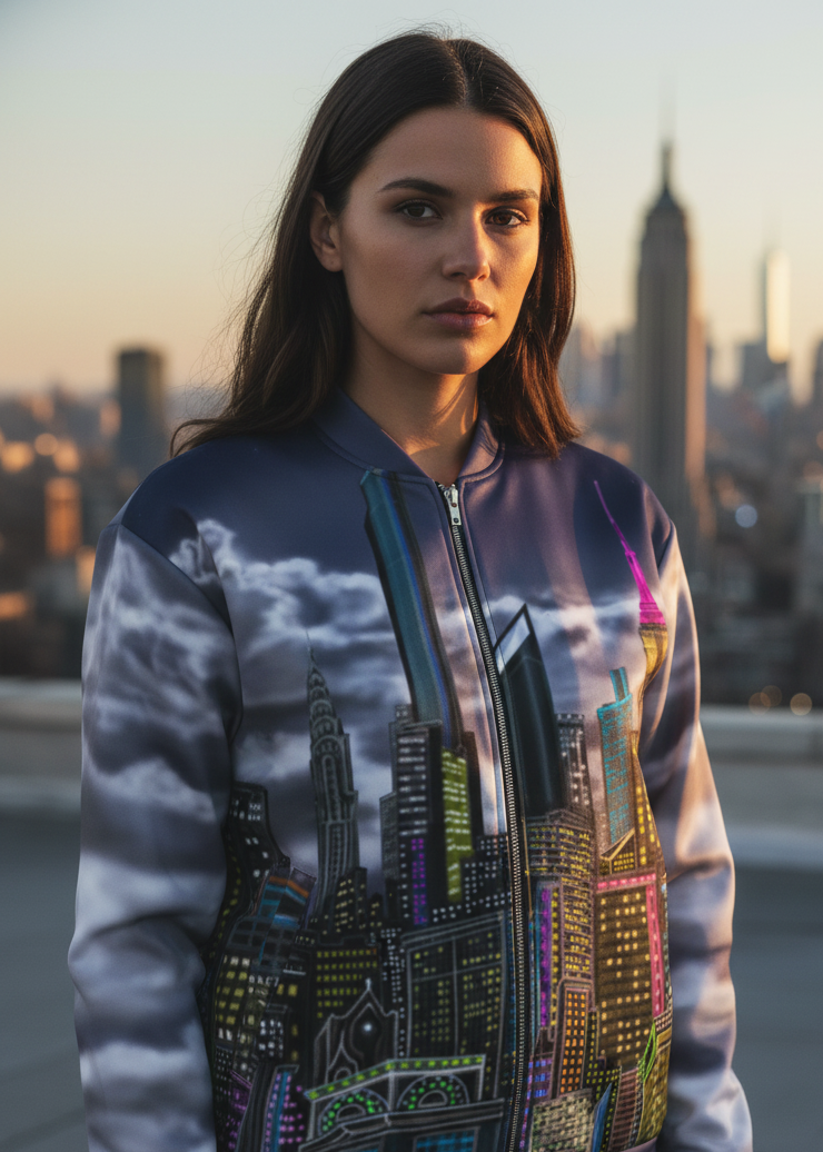 Person wearing a jacket with a cityscape design by Loria NYC Art against a city skyline.