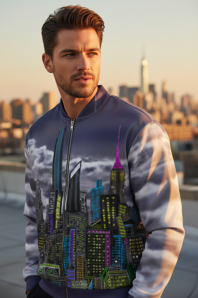 Man wearing a bomber jacket with a cityscape designed by Loria NYC Art against a city skyline.