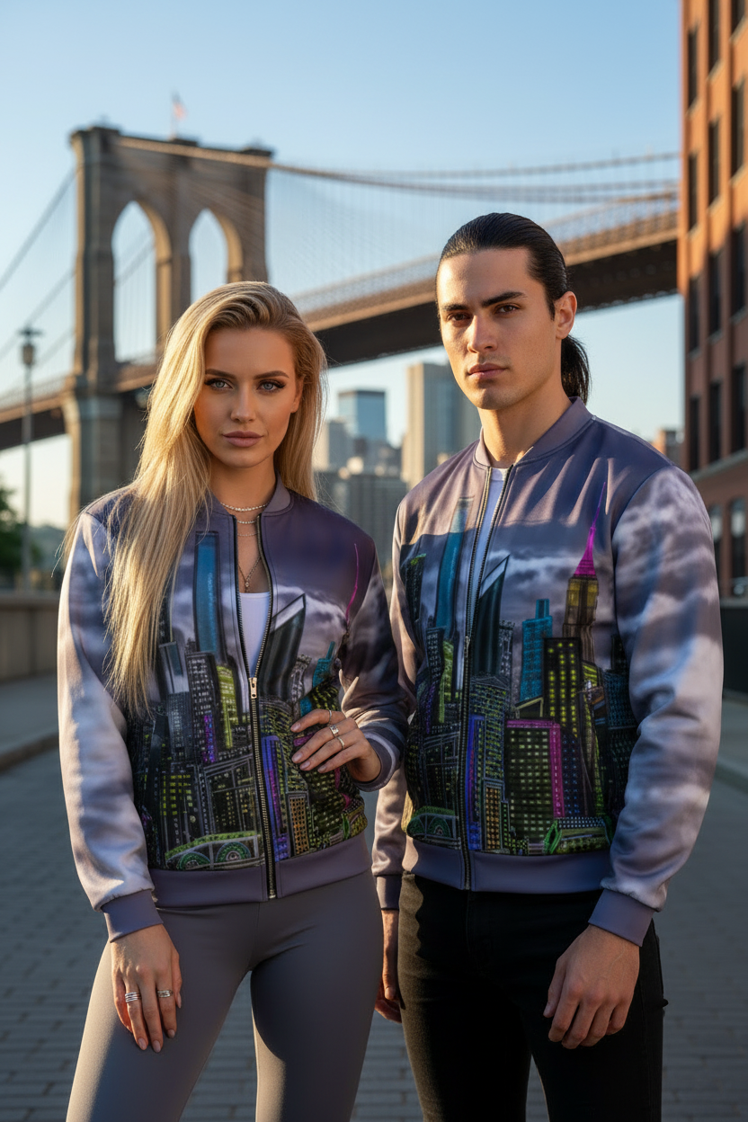 Two people wearing matching jackets with a cityscape Loria NYC Art design in front of the Brooklyn Bridge.