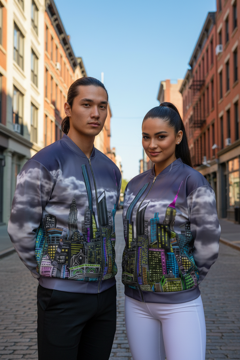Two people wearing matching jackets with cityscape Loria NYC ART designs on a street.