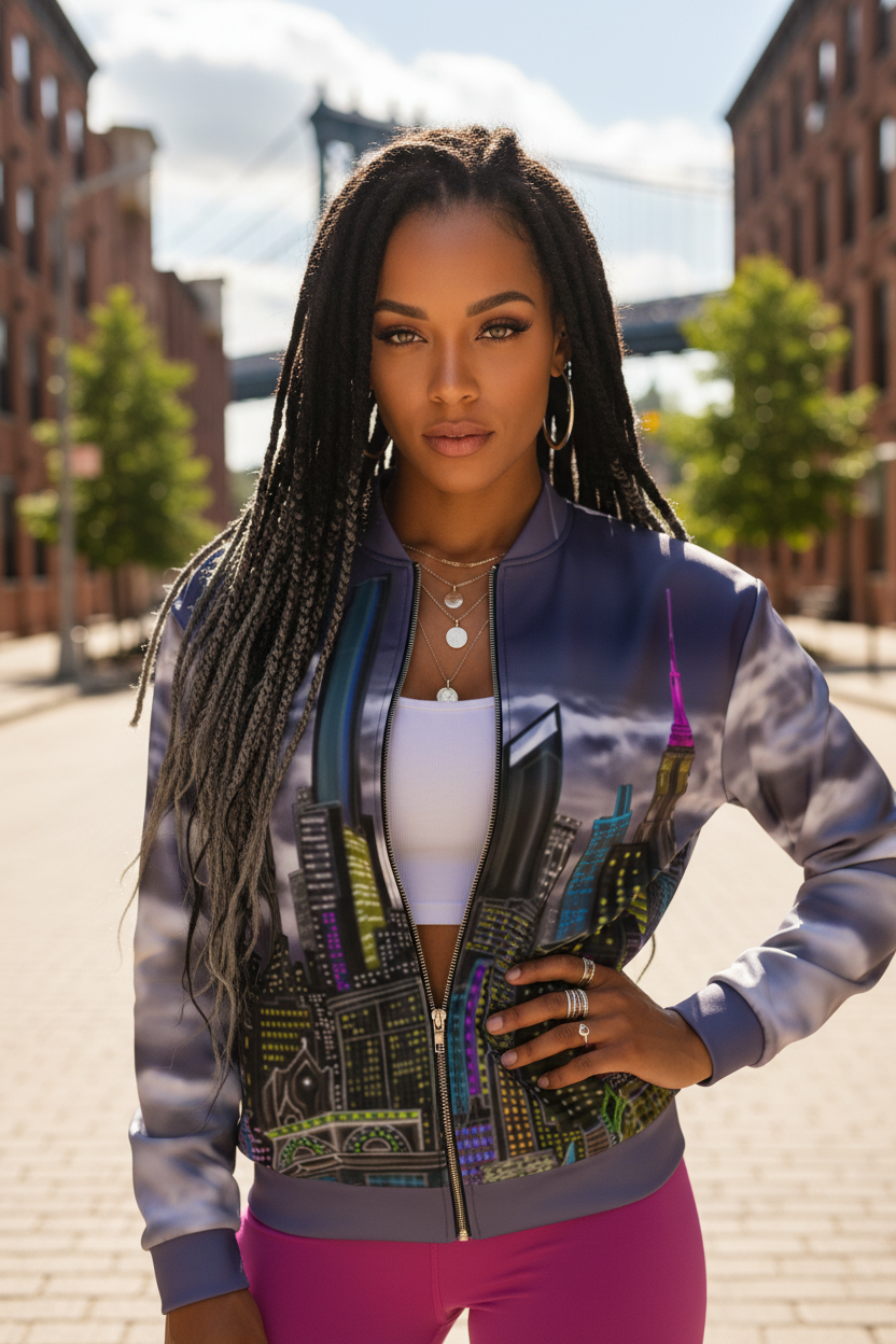 Woman wearing a colorful Loria NYC Art jacket with a cityscape design in an urban setting