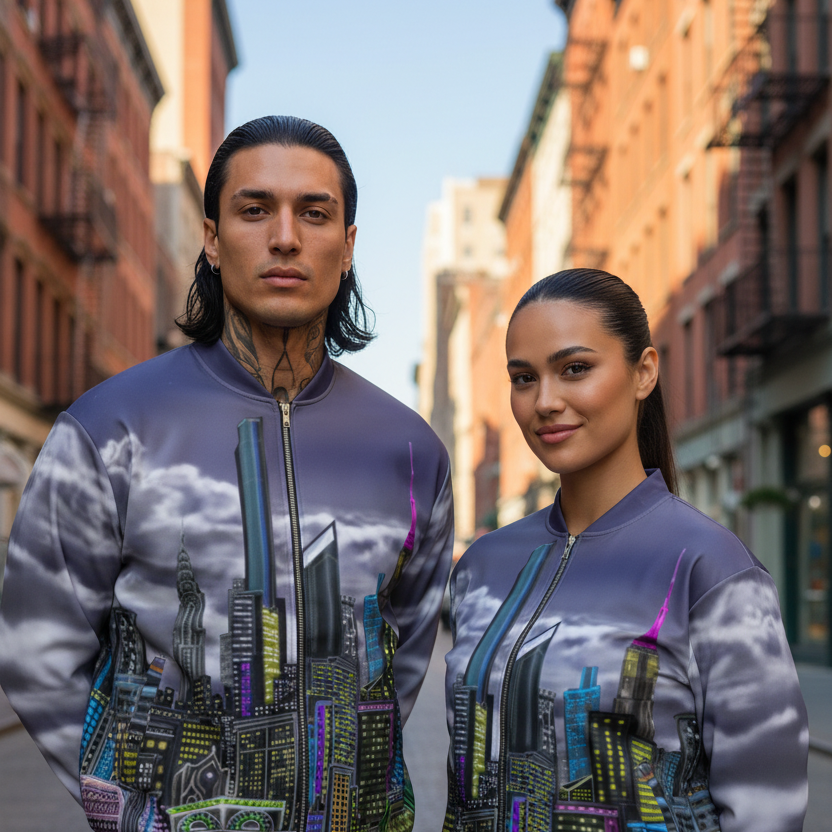 Two people wearing matching outfits with a cityscape Loria NYC ART design on a city street.